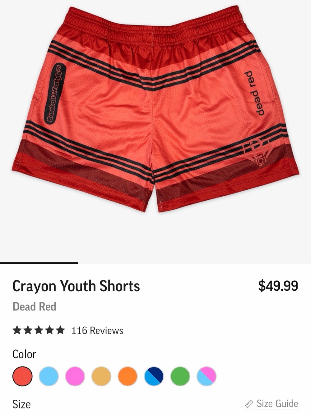 Baseball Lifestyle 101 Dead Red Crayon Youth Athletic Shorts MEDIUM NWT